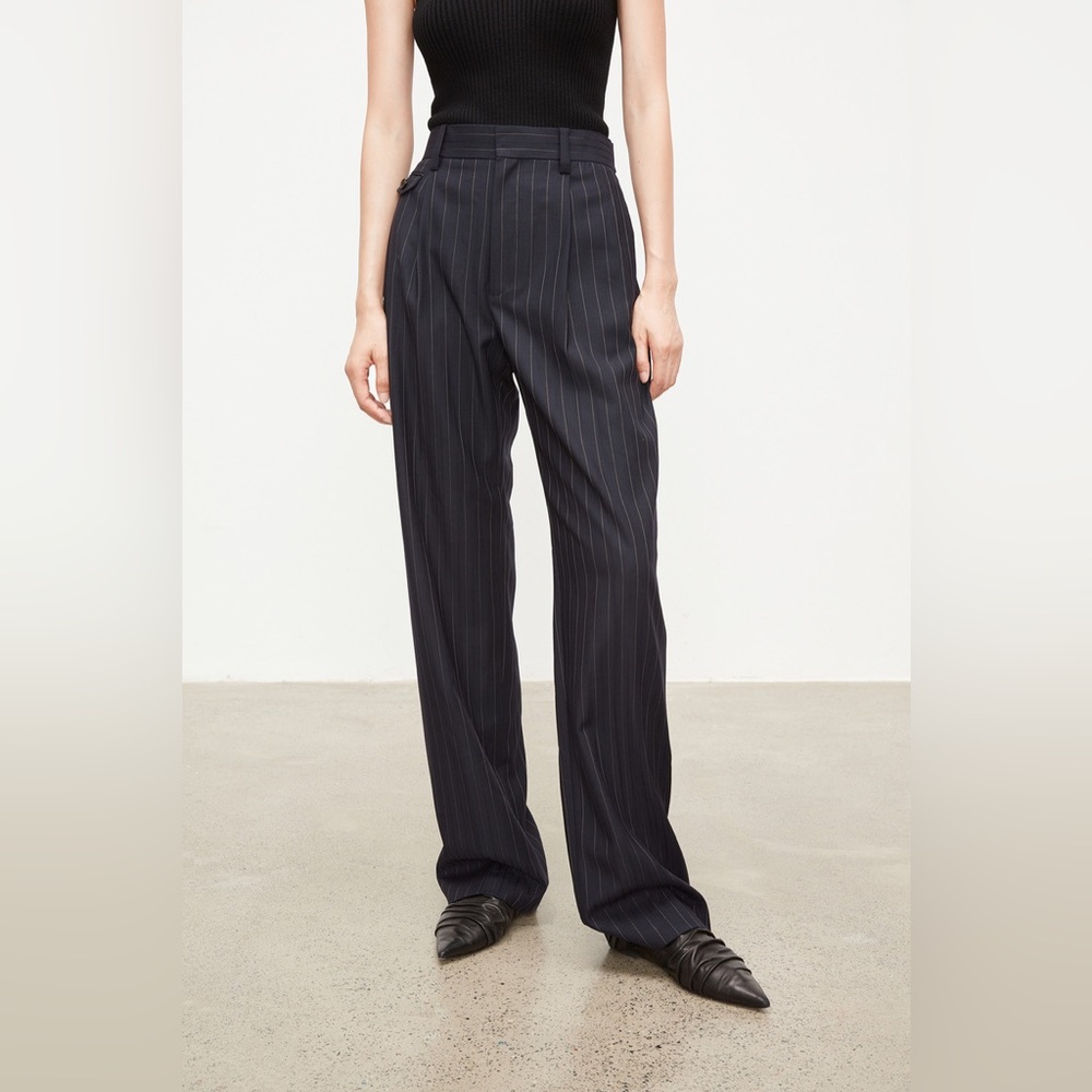 CHICJOC Premium Navy Pinstripe Wool Trousers in size 40 navy